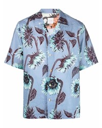 Мужская голубая льняная рубашка с коротким рукавом с цветочным принтом от Paul Smith