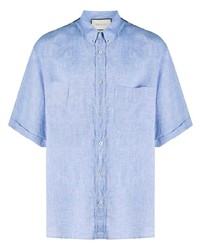 Мужская голубая льняная рубашка с коротким рукавом от Gucci