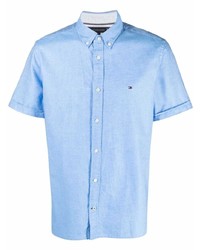 Мужская голубая льняная рубашка с коротким рукавом от Tommy Hilfiger
