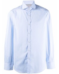 Мужская голубая рубашка с длинным рукавом в вертикальную полоску от Brunello Cucinelli