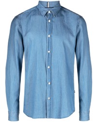 Мужская голубая рубашка с длинным рукавом из шамбре от BOSS