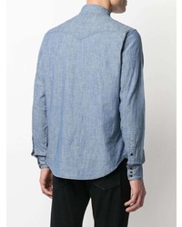 Мужская голубая рубашка с длинным рукавом из шамбре от Saint Laurent