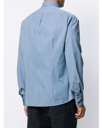 Мужская голубая рубашка с длинным рукавом из шамбре от Brunello Cucinelli