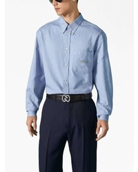 Мужская голубая рубашка с длинным рукавом с вышивкой от Gucci