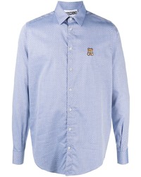 Мужская голубая рубашка с длинным рукавом с вышивкой от Moschino