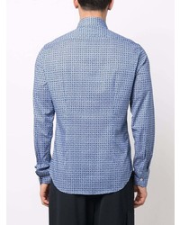 Мужская голубая рубашка с длинным рукавом с геометрическим рисунком от Fedeli
