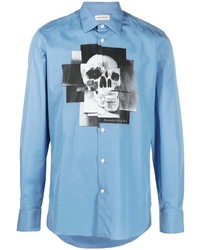 Мужская голубая рубашка с длинным рукавом с принтом от Alexander McQueen