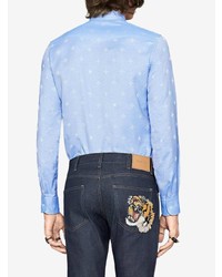 Мужская голубая рубашка с длинным рукавом с принтом от Gucci
