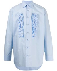 Голубая рубашка с длинным рукавом с рюшами