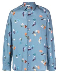Мужская голубая рубашка с длинным рукавом с цветочным принтом от PS Paul Smith