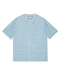Мужская голубая рубашка с коротким рукавом в вертикальную полоску от Gucci