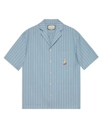 Мужская голубая рубашка с коротким рукавом в вертикальную полоску от Gucci