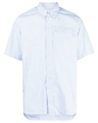 Мужская голубая рубашка с коротким рукавом в вертикальную полоску от Izzue