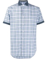 Мужская голубая рубашка с коротким рукавом в шотландскую клетку от Brioni