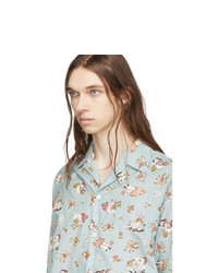 Мужская голубая рубашка с коротким рукавом из шамбре с принтом от Gucci