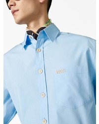 Мужская голубая рубашка с коротким рукавом с вышивкой от Gucci