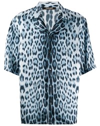 Мужская голубая рубашка с коротким рукавом с леопардовым принтом от Roberto Cavalli