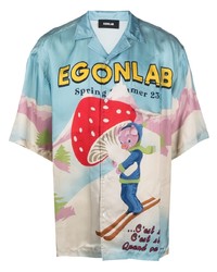 Мужская голубая рубашка с коротким рукавом с принтом от EGONlab