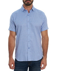 Голубая рубашка с коротким рукавом с узором "гусиные лапки"