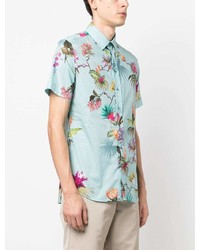 Мужская голубая рубашка с коротким рукавом с цветочным принтом от Etro