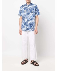 Мужская голубая рубашка с коротким рукавом с цветочным принтом от Canali