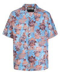 Мужская голубая рубашка с коротким рукавом с цветочным принтом от VERSACE JEANS COUTURE
