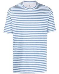 Мужская голубая футболка с круглым вырезом в горизонтальную полоску от Brunello Cucinelli