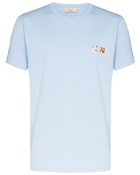 Мужская голубая футболка с круглым вырезом с вышивкой от MAISON KITSUNÉ