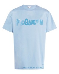 Мужская голубая футболка с круглым вырезом с принтом от Alexander McQueen