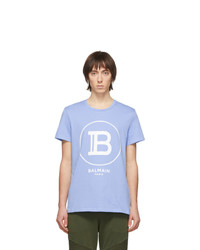 Мужская голубая футболка с круглым вырезом с принтом от Balmain