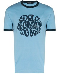 Мужская голубая футболка с круглым вырезом с принтом от Dolce & Gabbana