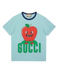 Мужская голубая футболка с круглым вырезом с принтом от Gucci