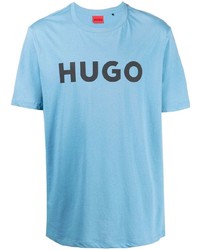 Мужская голубая футболка с круглым вырезом с принтом от Hugo