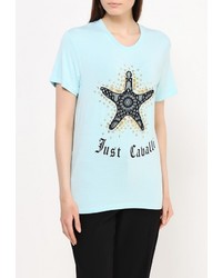 Женская голубая футболка с круглым вырезом с принтом от Just Cavalli