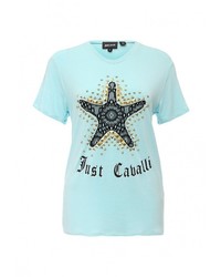 Женская голубая футболка с круглым вырезом с принтом от Just Cavalli