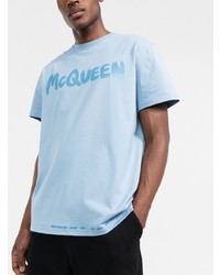 Мужская голубая футболка с круглым вырезом с принтом от Alexander McQueen