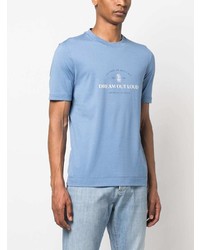 Мужская голубая футболка с круглым вырезом с принтом от Brunello Cucinelli