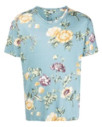 Мужская голубая футболка с круглым вырезом с цветочным принтом от Etro