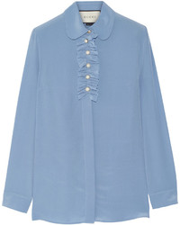 Голубая шелковая блузка с рюшами от Gucci