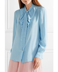 Голубая шелковая блузка с рюшами от Prada