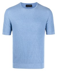 Голубая шелковая вязаная футболка с круглым вырезом