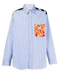 Голубая шелковая рубашка с длинным рукавом в стиле пэчворк