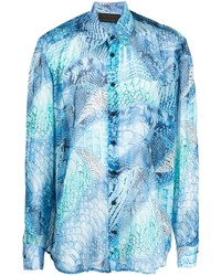 Мужская голубая шелковая рубашка с длинным рукавом с принтом от Atu Body Couture