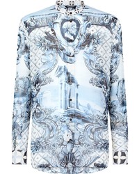 Мужская голубая шелковая рубашка с длинным рукавом с принтом от Dolce & Gabbana