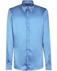 Мужская голубая шелковая рубашка с длинным рукавом от Dolce & Gabbana