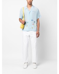 Мужская голубая шелковая рубашка с коротким рукавом с вышивкой от Casablanca