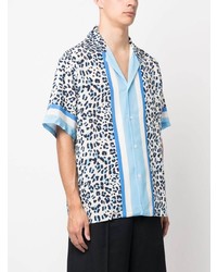 Мужская голубая шелковая рубашка с коротким рукавом с леопардовым принтом от P.A.R.O.S.H.