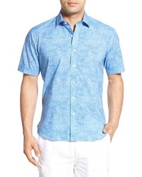 Голубая шелковая рубашка с коротким рукавом с принтом