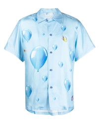 Мужская голубая шелковая рубашка с коротким рукавом с принтом от 3PARADIS