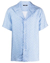 Мужская голубая шелковая рубашка с коротким рукавом с принтом от Balmain